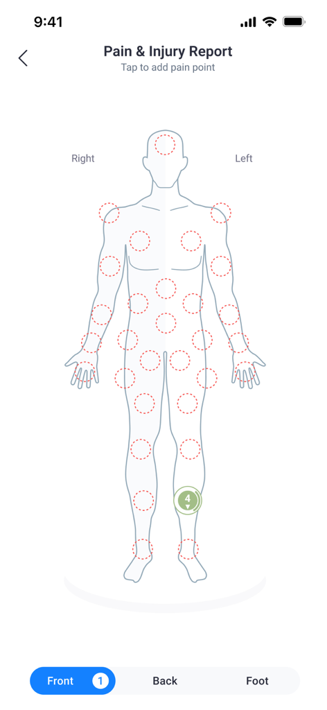 Final Surge - Final Surge app Pain and Injury Report screen with a human body diagram for tracking training injuries