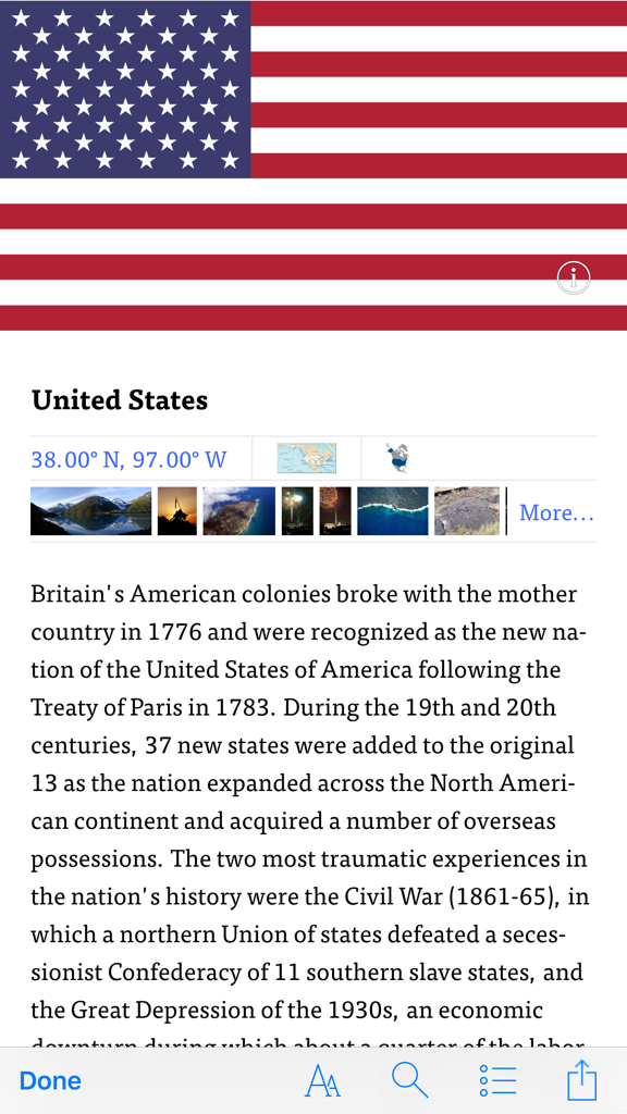 United States country profile in the WorldABC CIA World Factbook app displaying historical data and the American flag.