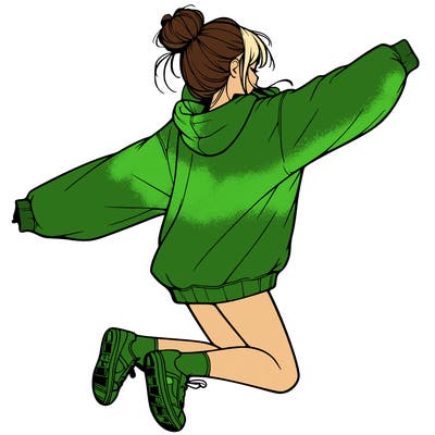 realistic girl jumping with a bun and oversized sweatshirt