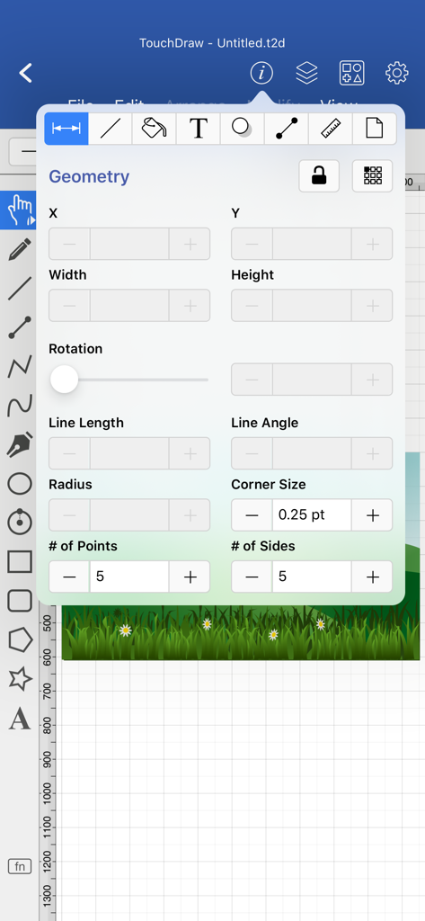 TouchDraw 2 - TouchDraw 2 app interface showing precise geometry settings for vector shapes and lines