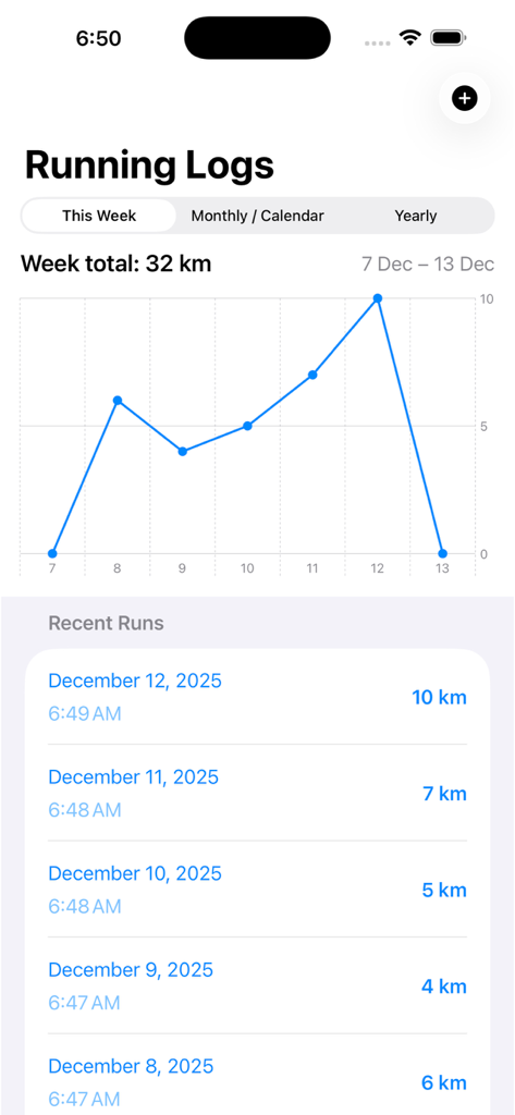 Running-Logs - Running Logs app showing a weekly distance graph and recent activity log