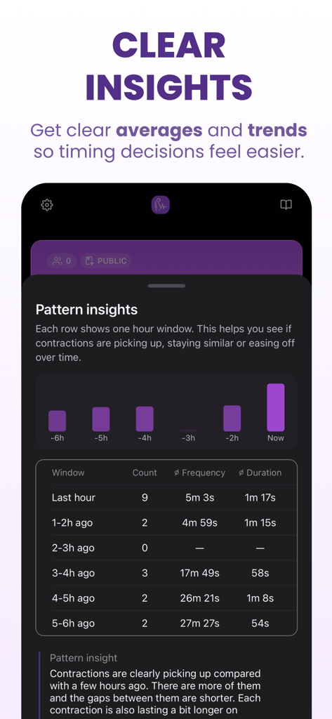 Bump Pulse: Contraction Timer - Bump Pulse app interface displaying contraction frequency and labor pattern insights