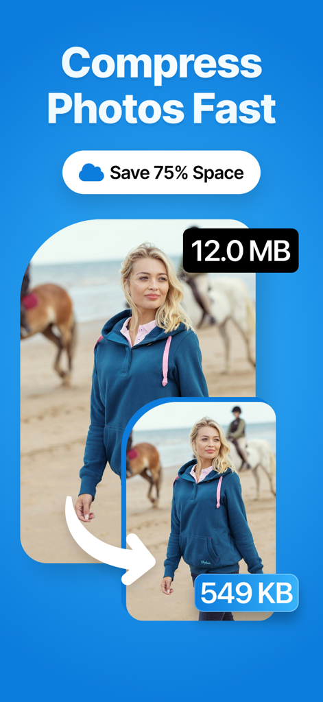 Compress Photos & Size Reducer - 12MBから549KBに写真を圧縮して75%のスペースを節約することを示すモバイルアプリインターフェース