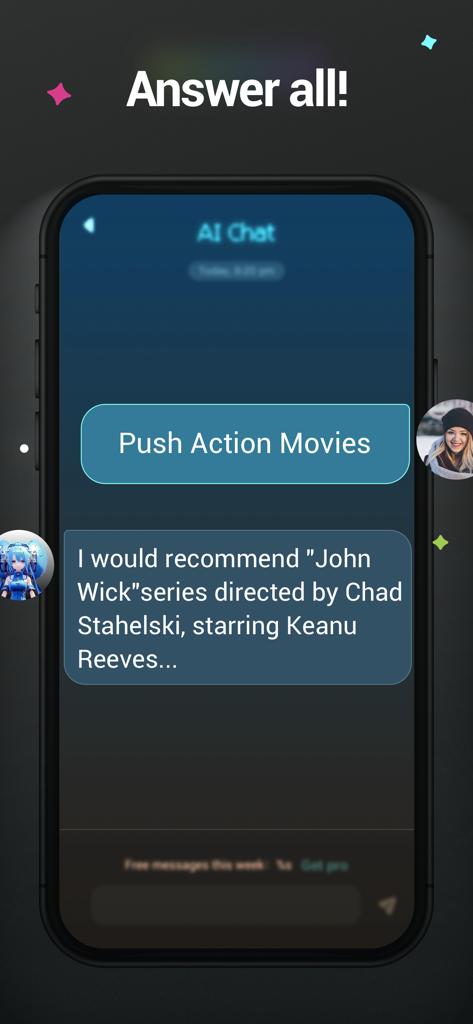 AI ChatBot GPTalk AI Generator - A smartphone displaying the GPTalk AI chatbot interface providing action movie recommendations