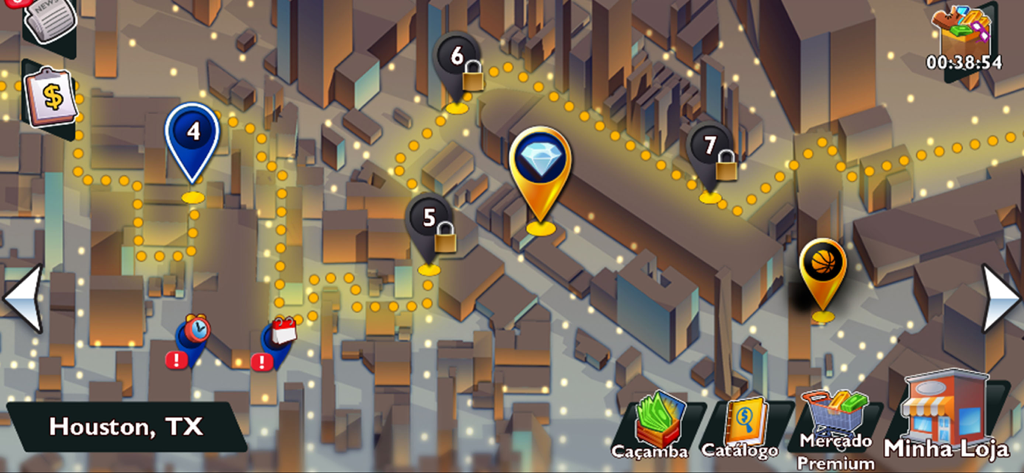 Vista general del mapa de la ciudad en Bid Wars que muestra ubicaciones de subastas en Houston, Texas