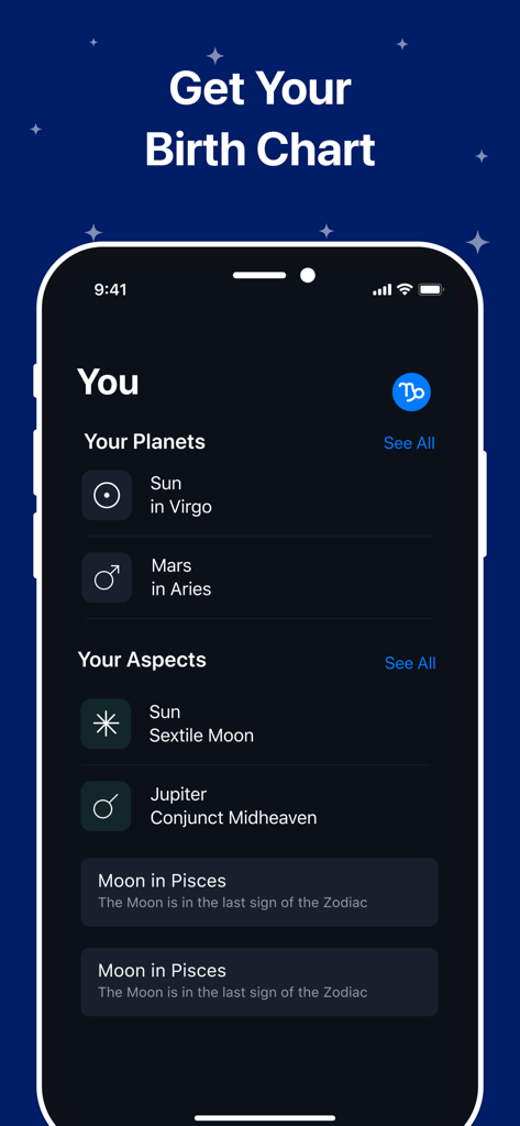 Horoscope & Astrology - Astro+ - 惑星の位置とアスペクトを示すパーソナライズされた占星術のネイタルチャートを表示するモバイルアプリインターフェース