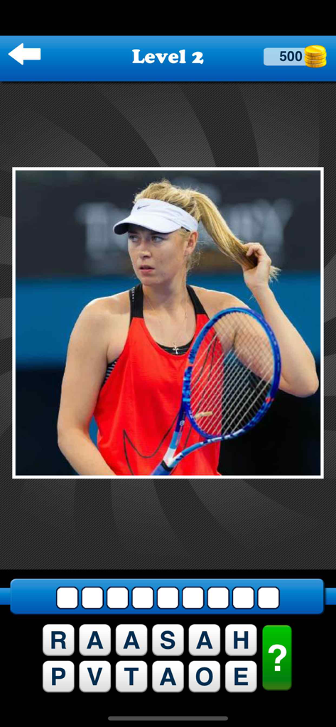 Whos the Player? Tennis Quiz! - Tennis trivia game screen showing a photo of Maria Sharapova to guess