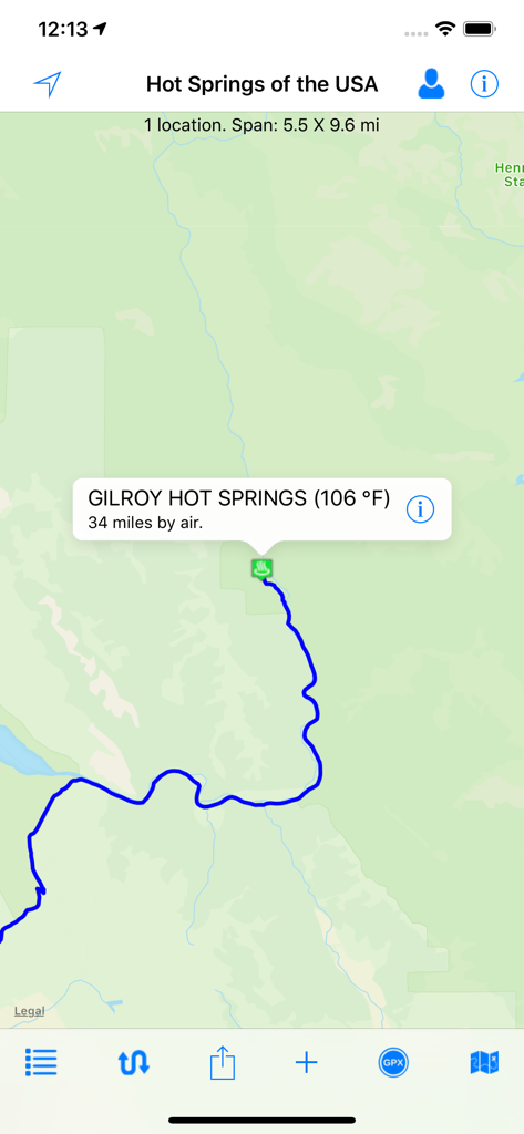 Mobile app map showing the route to Gilroy Hot Springs with water temperature information