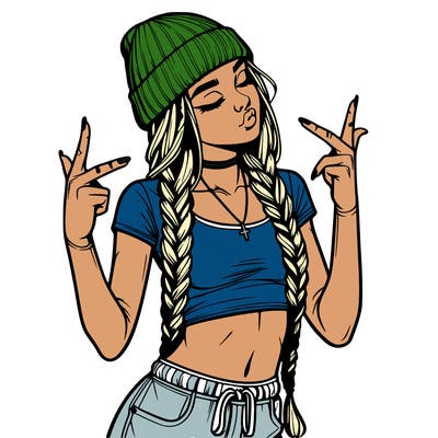 realistic teenage girl with braids and a beanie and crop top doing 🫶🏼