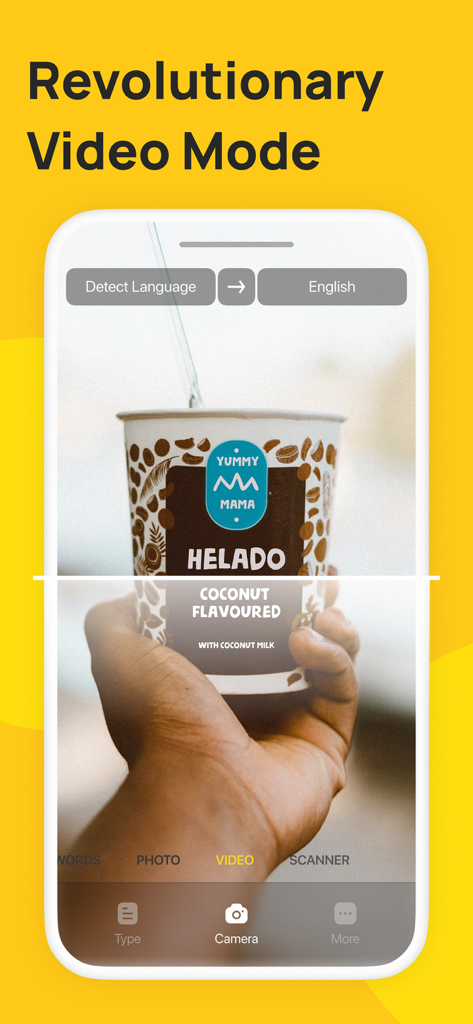 Der revolutionäre Videomodus der AR Translator App übersetzt ein Lebensmittelproduktetikett in Echtzeit mit der Kamera