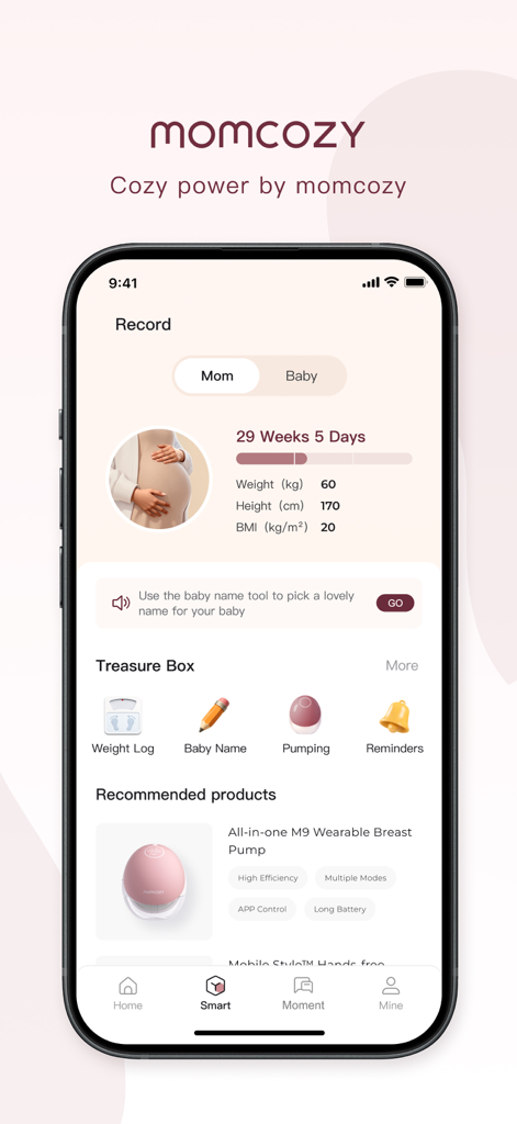 Momcozy - A smartphone displaying the Momcozy app pregnancy tracking dashboard with weight logs and recommended wearable breast pumps
