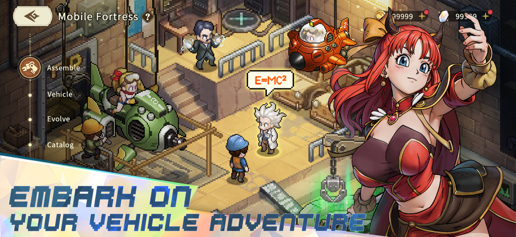 Realms of Pixel - Tela de personalização de veículo da Fortaleza Móvel em Realms of Pixel com personagens retrô em pixel art