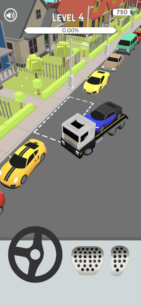 Evacuator Service 3D - Captura de pantalla del juego Evacuator Service 3D que muestra un camión de remolque transportando un vehículo en un área residencial.