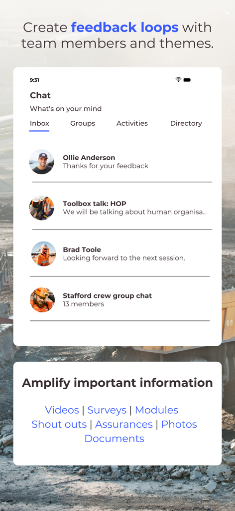 Ringo. - 産業チームの安全のためのチャットメッセージとフィードバックループを表示するRingoアプリインターフェイス