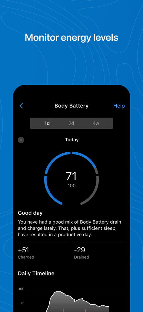 Interface de l'application mobile Garmin Connect affichant le suivi du niveau d'énergie de la batterie corporelle.