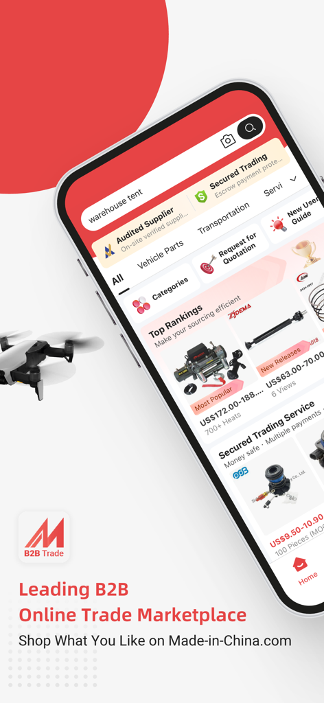 Made-in-China B2B Trade App - Interface of the Made-in-China B2B trade app showing product categories and sourcing tools on a smartphone