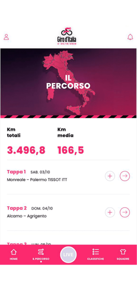 Giro d'Italia - Giro d Italia app interface showing the map of Italy and race stage details