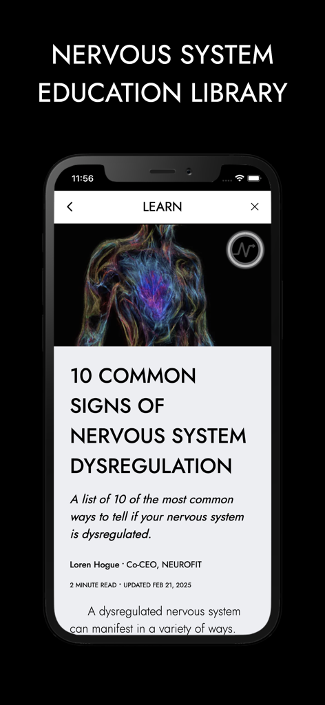 Vagus Nerve Reset: NEUROFIT™ - Captura de pantalla de la aplicación NEUROFIT que muestra un artículo educativo titulado 10 signos comunes de desregulación del sistema nervioso