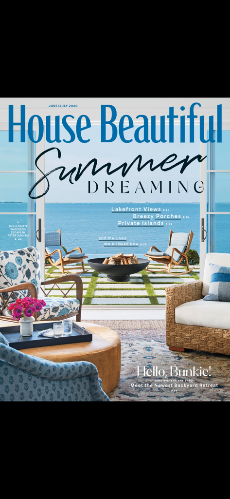 House Beautiful magazine cover showing a coastal patio and summer home interior design