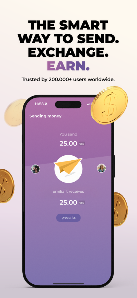 Beans App - Beans App screen showing a mobile money transfer of 25 USD between users with floating dollar coins and marketing text