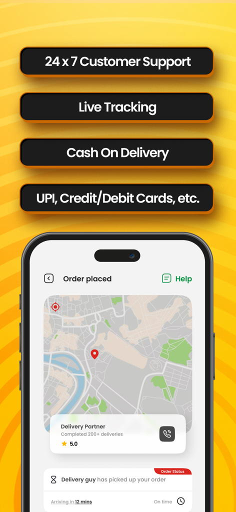 Eatiko mobile app interface displaying real-time order tracking on a map with payment and support feature highlights