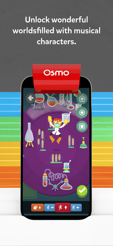 Osmo Coding Jam gameplay showing a laboratory world with a musical character and coding command blocks