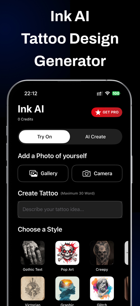 AI Tattoo Generator · Ink AI - Ink AI app interface for generating custom tattoo designs and virtually trying them on using AI styles