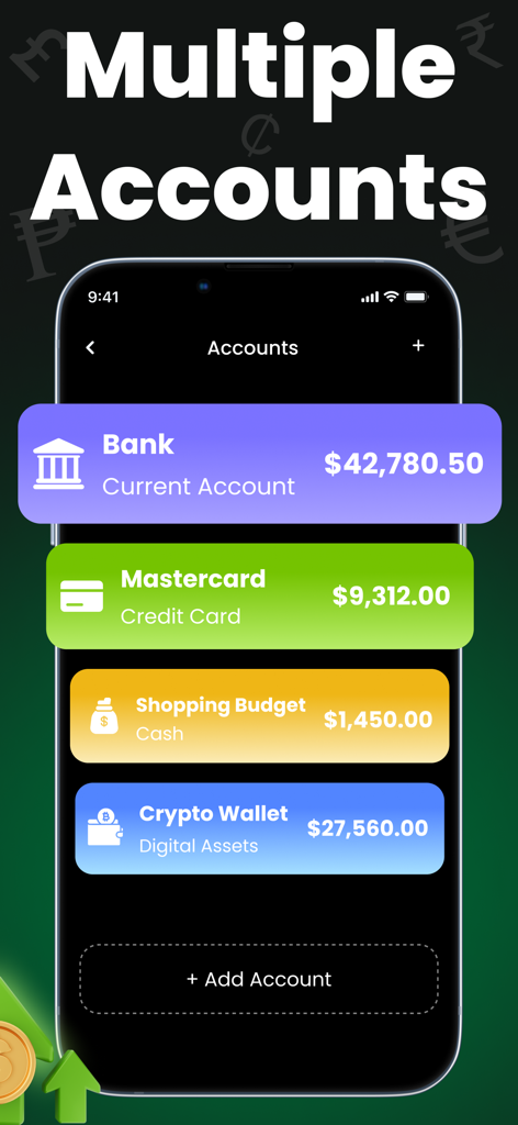 Budget Planner: Money Manager - Mobile app interface displaying multiple financial accounts like bank credit card and crypto wallet