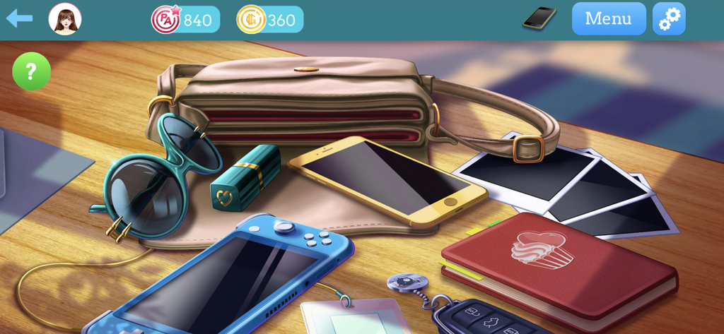 My Candy Love - Otome game - A collection of character belongings like a smartphone, handheld gaming console, and sunglasses on a wooden table.