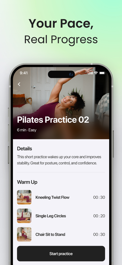 A screenshot of the Yoga-Go app displaying a 6-minute easy Pilates practice and warm-up routine.