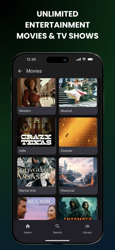 Tela do aplicativo FreePlay mostrando vários gêneros de filmes e pôsteres de filmes