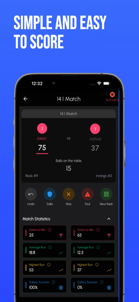 Straight Pool Scorer - Interfaz de la aplicación Anotador de Bola 8 que muestra puntuaciones de partidos de Bola 8 en vivo y estadísticas detalladas de jugadores