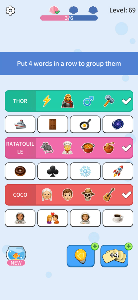 Association Sort -Connect Word - Association Sort gameplay showing emoji and word groups for movies like Thor and Ratatouille