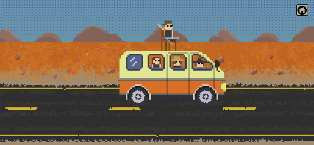 Hussy Hicks - Pixel art of the Hussy Hicks band driving their tour van across a desert road