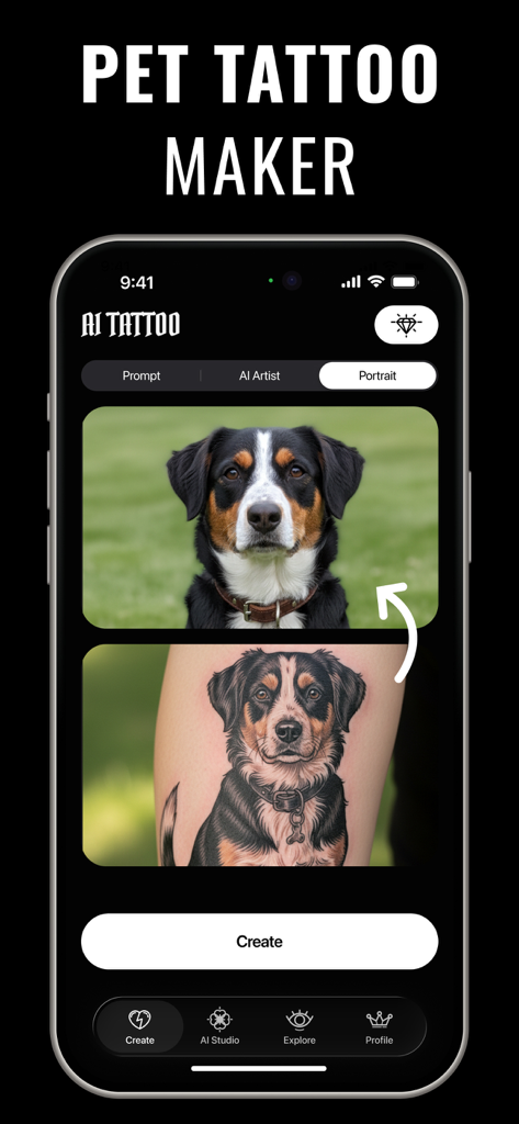 ペットの犬の写真がAI生成タトゥーデザインに変換されている様子を示すモバイルアプリのインターフェース