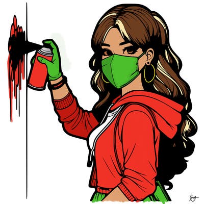realistic girl with mask spray painting a wall