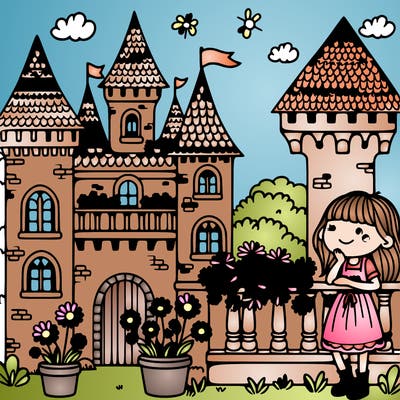 castle and a girl in the balcony with flowers over the house