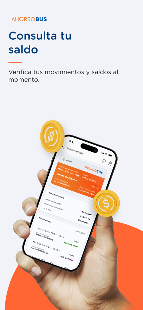 AHORROBUS - Smartphone screen showing the balance and transaction history on the AHORROBUS app