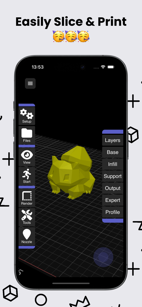 3D GO | 3D Printing Models - 3D GO app interface showing a 3D model on a slicing grid with settings for layers and infill