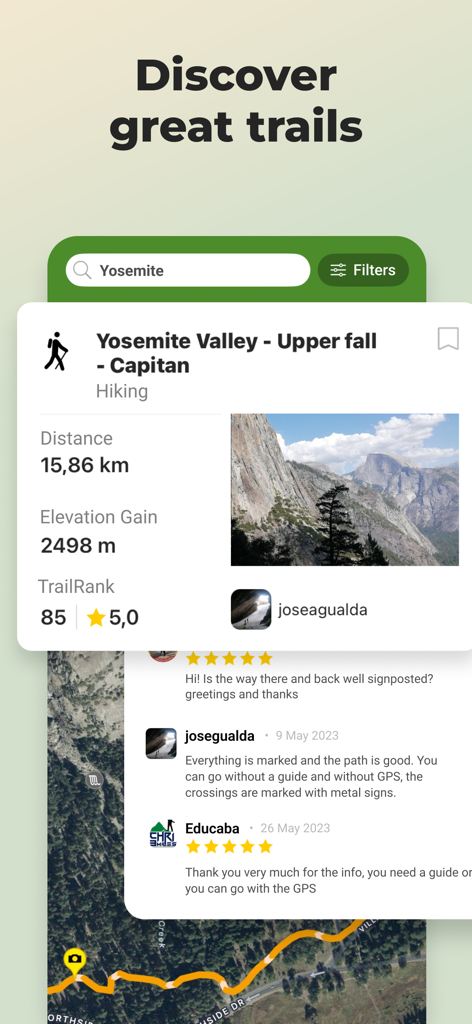 Wikiloc app displaying Yosemite Valley hiking trail details with distance and community reviews
