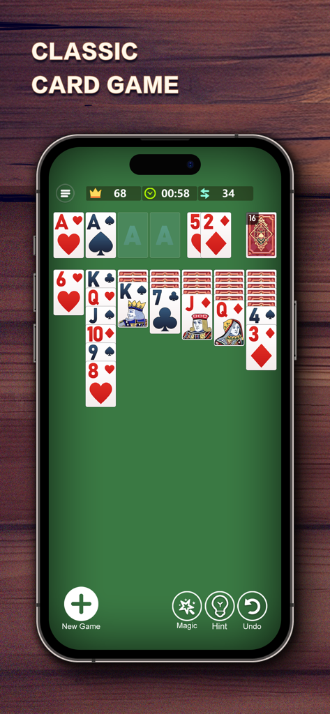 Classic Klondike Solitaire card game on a green background mobile screen