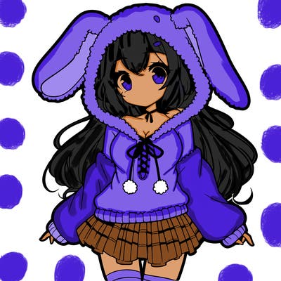 pretty anime girl wearing a fluffy hoodie with bunny ears on the hood and a skirt