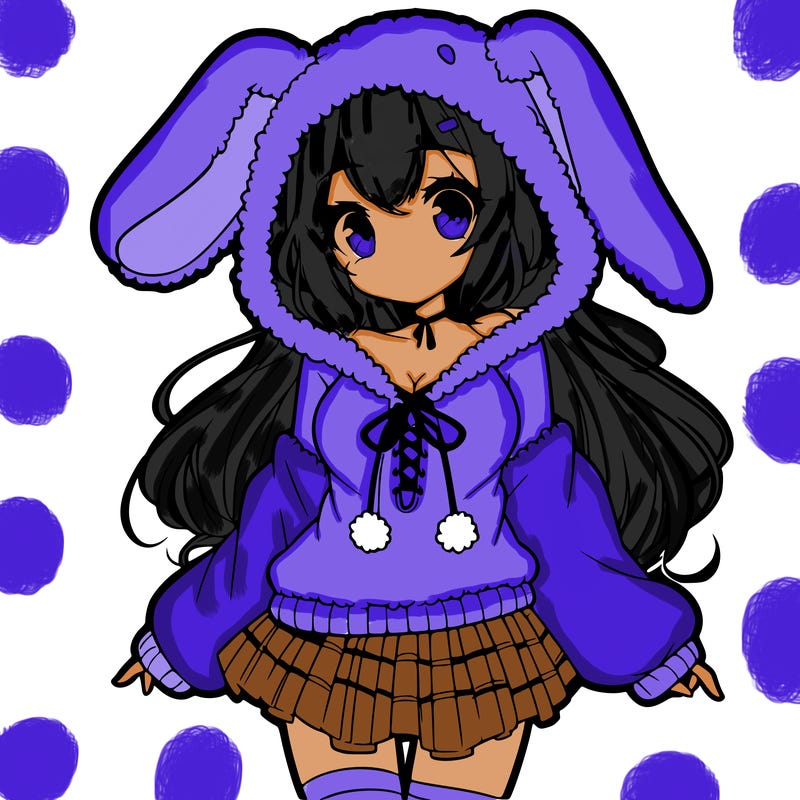 pretty anime girl wearing a fluffy hoodie with bunny ears on the hood and a skirt