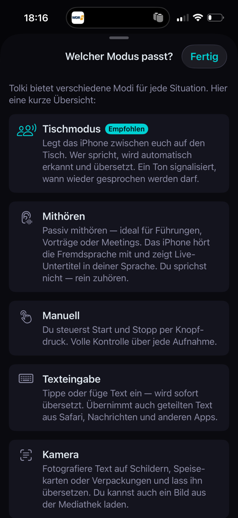 Screenshot of Tolki app showing different translation modes like Table Mode Listen Mode and Camera Mode