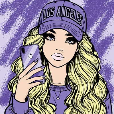 realistic beautiful girl wearing los ángeles cap holding an iphone