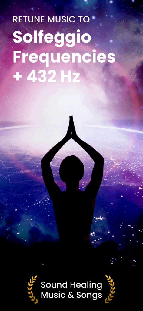 HZP (Hertz Player) - Una silueta de una persona en pose de yoga contra un fondo de nebulosa cósmica con texto sobre la reafinação de música a frecuencias Solfeggio y 432Hz