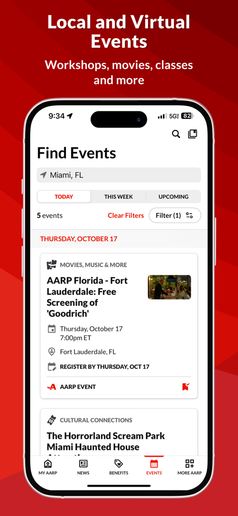Interfaz de la aplicación móvil AARP Now que muestra una lista de eventos locales y virtuales en Florida