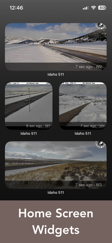 Idaho 511 Road Conditions - Quatro widgets na tela inicial mostrando imagens de câmeras de tráfego de Idaho ao vivo de estradas cobertas de neve e passagens de montanha