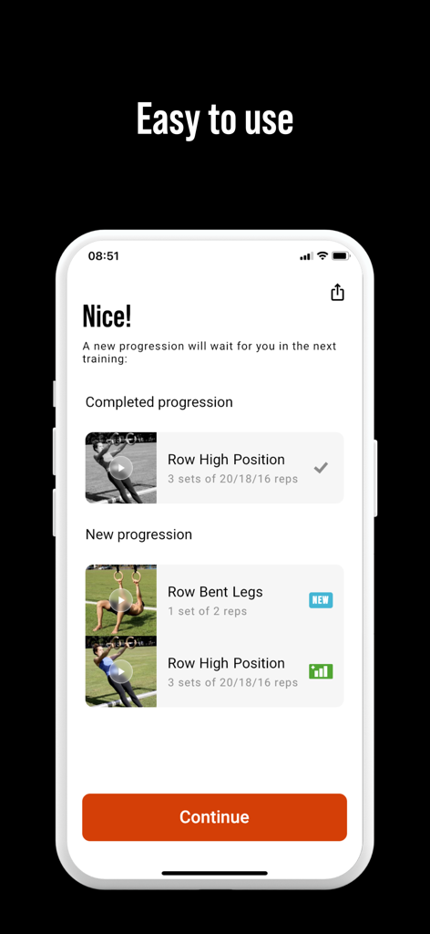 The DIE RINGE app interface showing completed and upcoming calisthenics exercise progressions