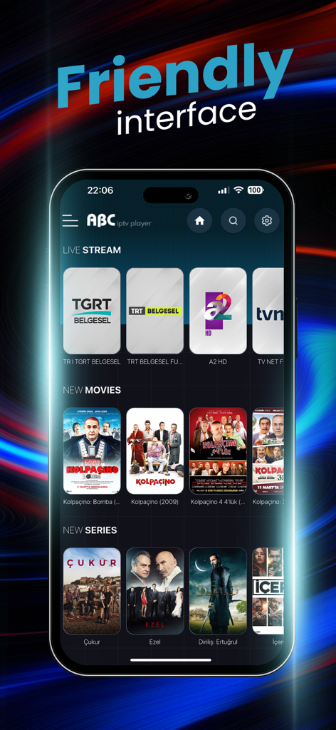 Interfaccia dell'app ABC IPTV PLAYER che mostra le sezioni live stream e film.